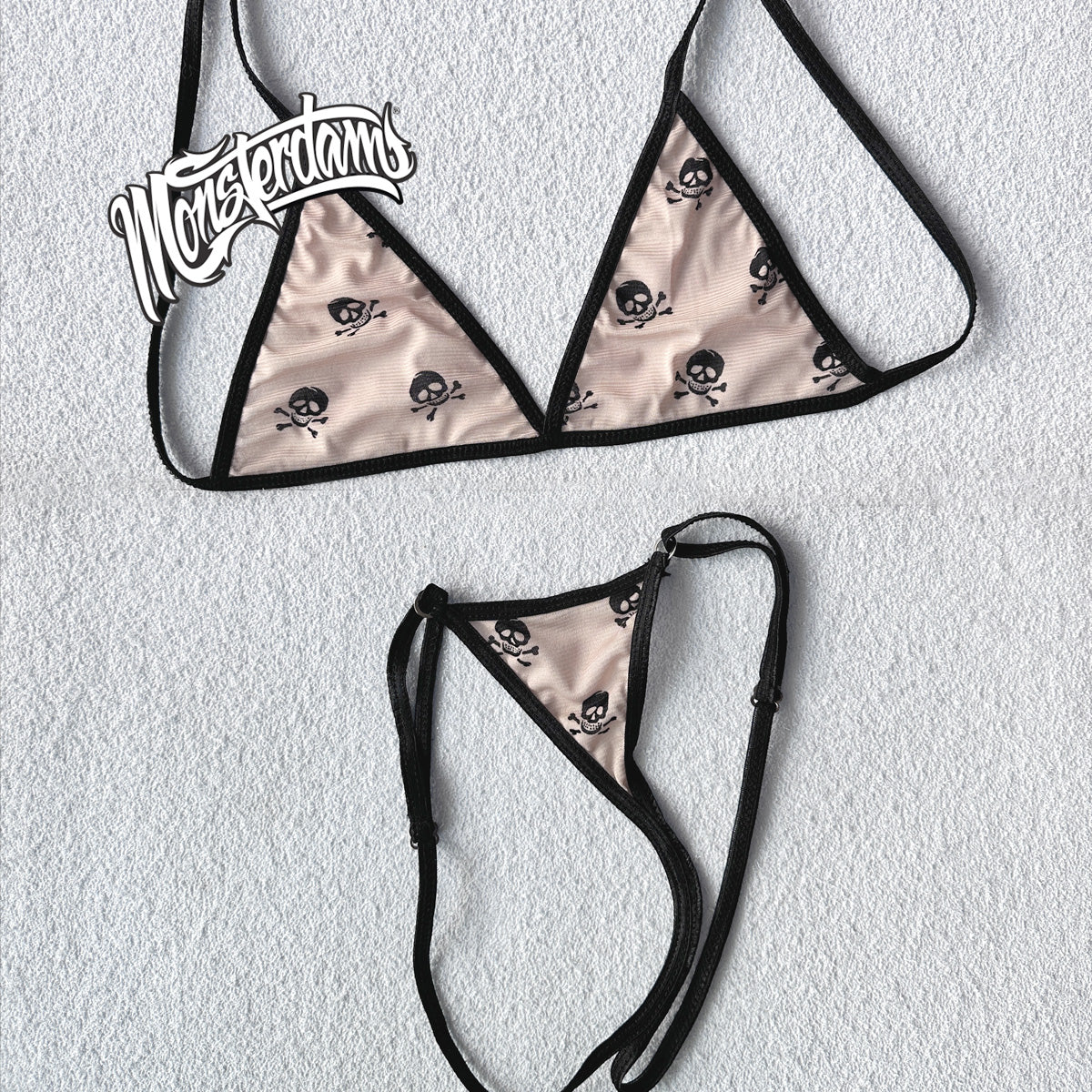 Mini Y Set Thong and Top BLACK SKULL in Nude