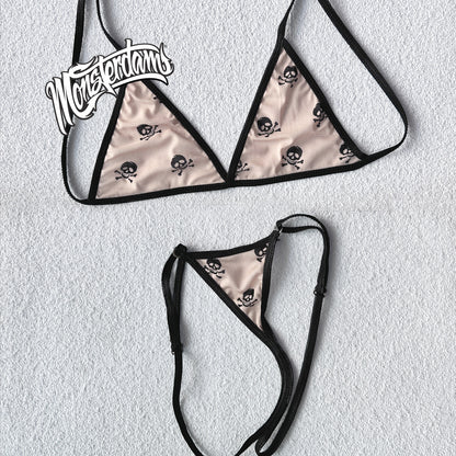 Mini Y Set Thong and Top BLACK SKULL in Nude